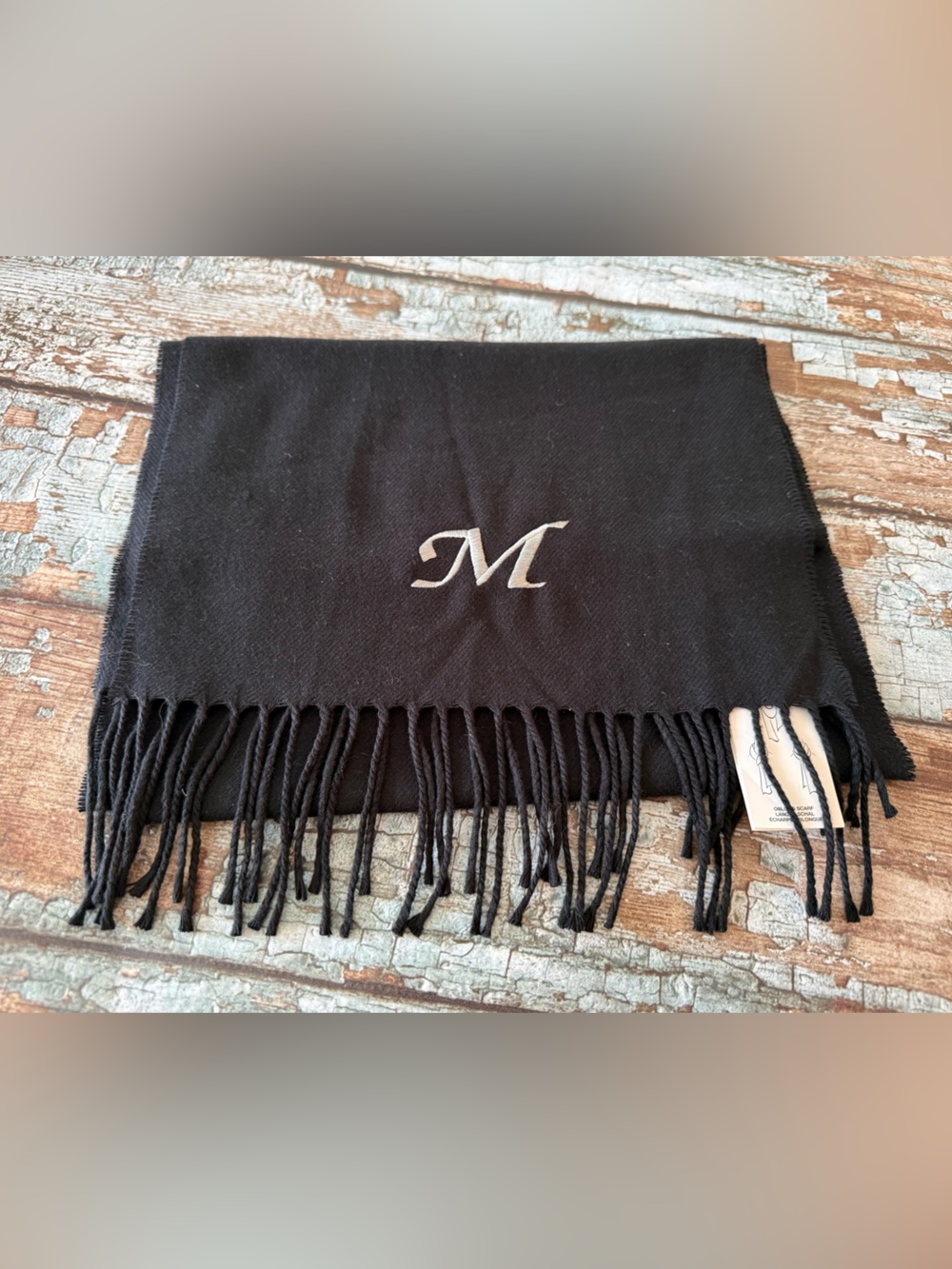 Lands' End Black Monogram M Fringe Scarf 68x 12 BNWT